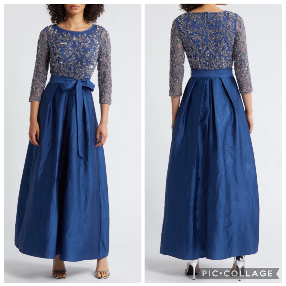 Pisarro Nights Beaded Bodice Taffeta Gown Blue 8